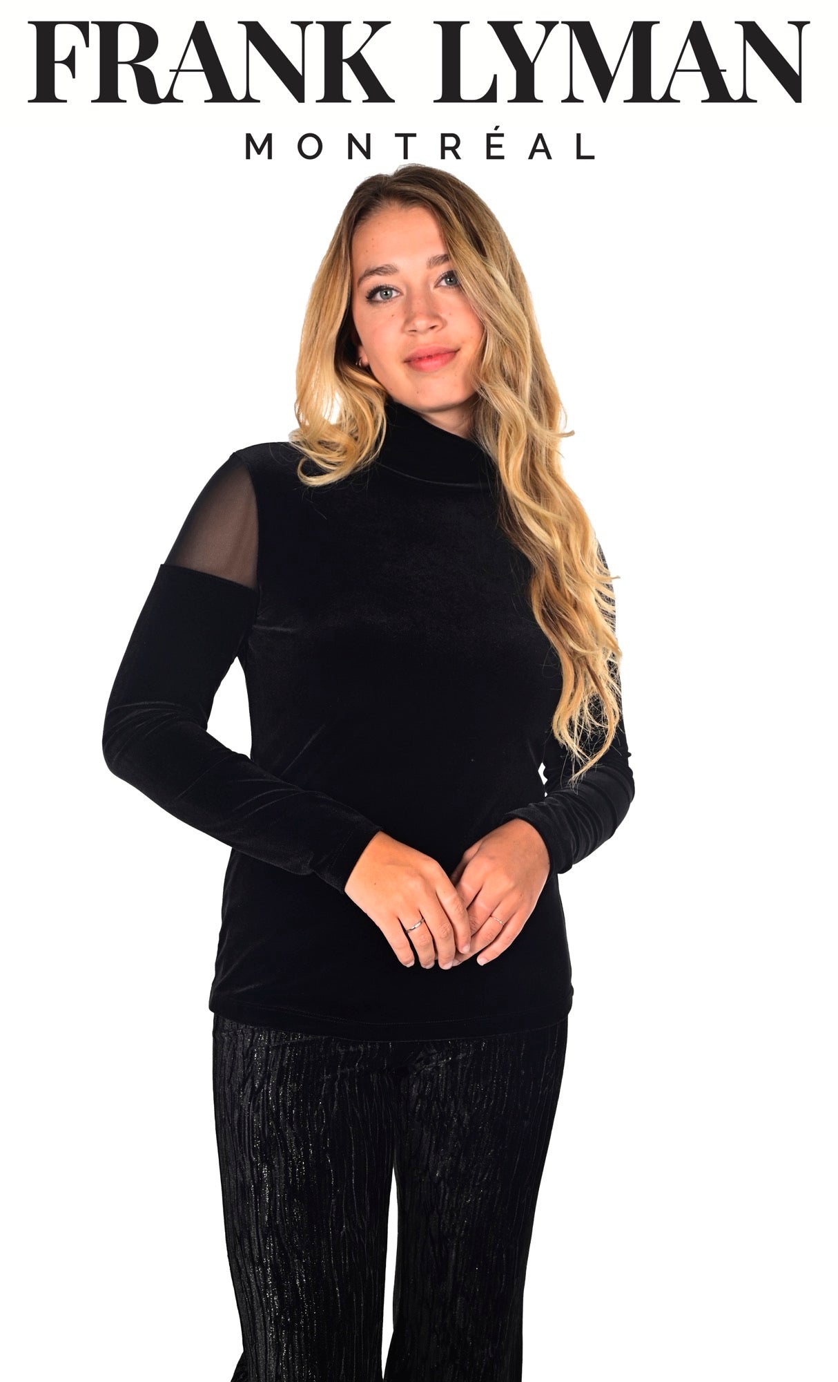 Black Velour Knit Top With Mesh Inserts 234342
