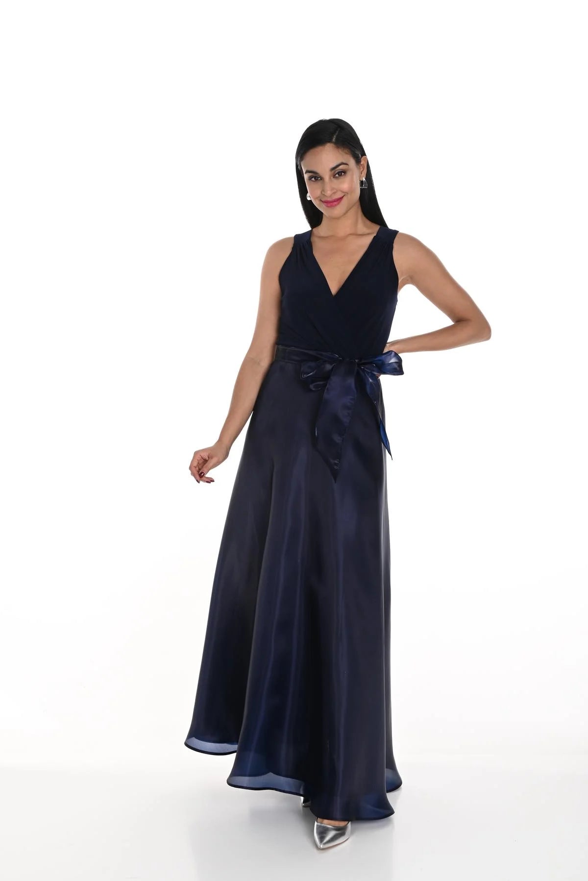 Navy V-Neck Knit & Taffeta Full Skirt Gown in Navy 249116