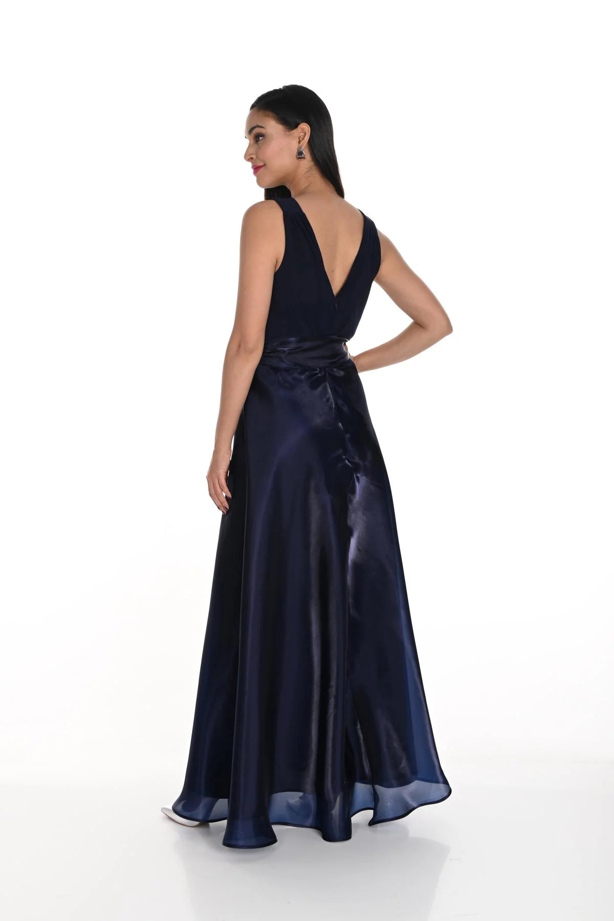 Navy V-Neck Knit & Taffeta Full Skirt Gown in Navy 249116