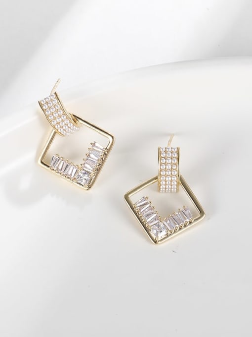 Gold-Plated CZ and Imitation Pearl Square Drop Earrings