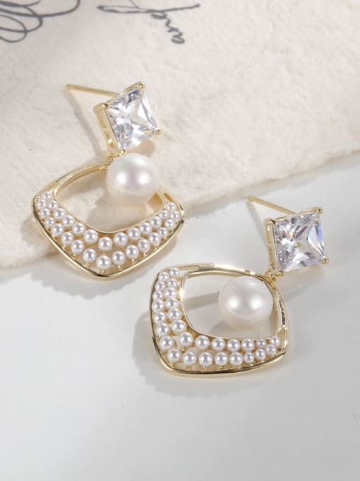 Gold-Plated Imitation Pearl Square Luxury Drop Earring