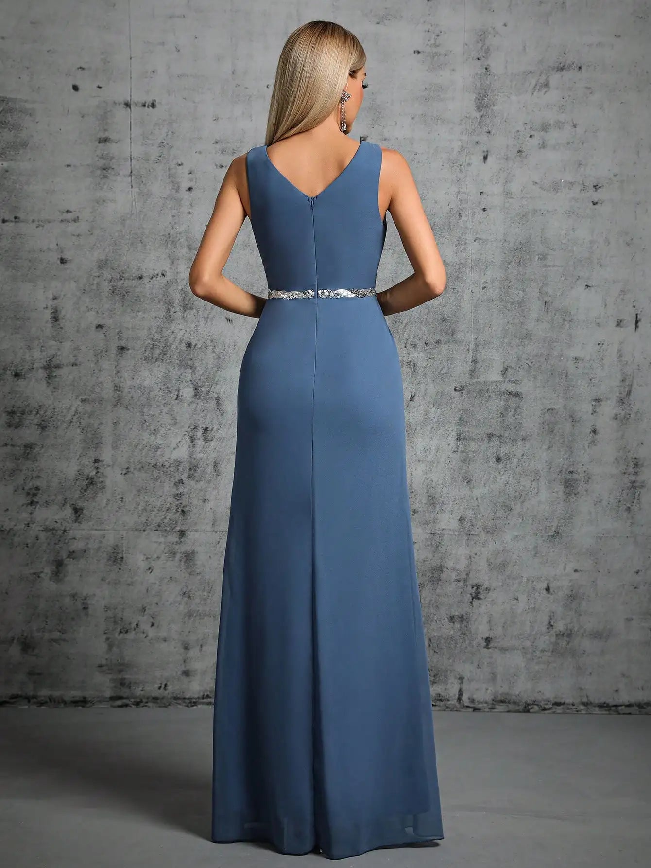 V-Neck Chiffon Gown in steel Blue with Silver Belt