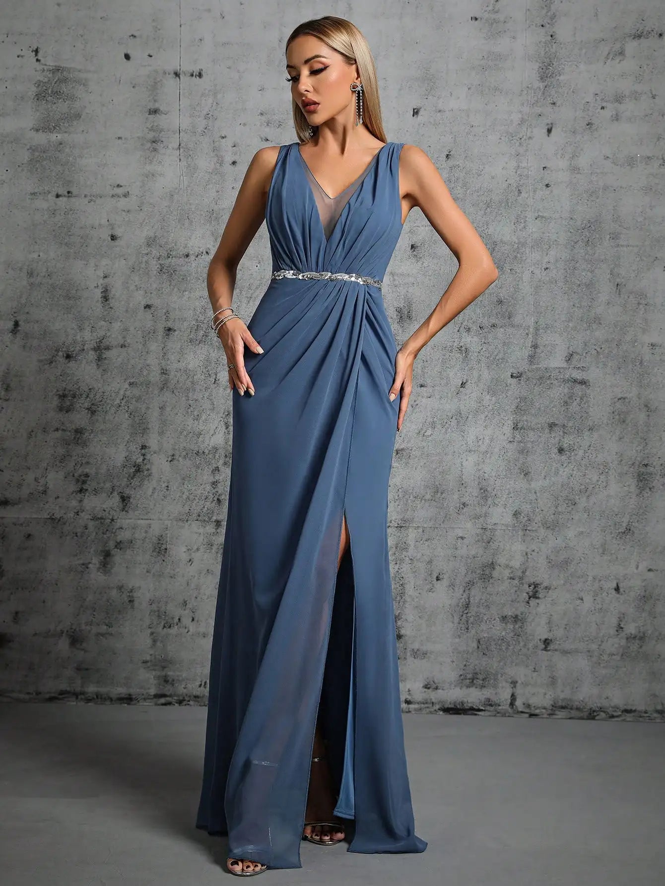 V-Neck Chiffon Gown in steel Blue with Silver Belt