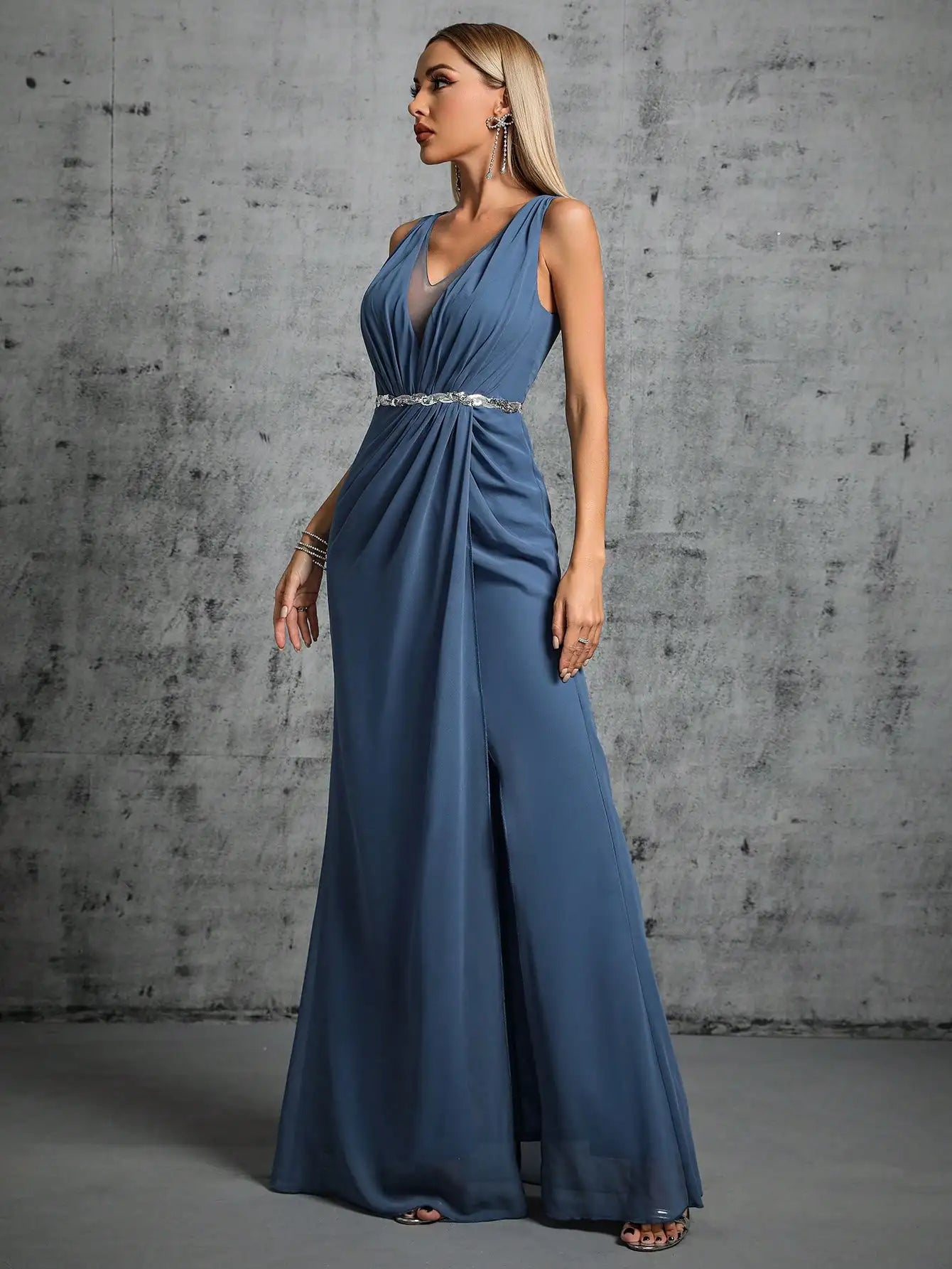 V-Neck Chiffon Gown in steel Blue with Silver Belt