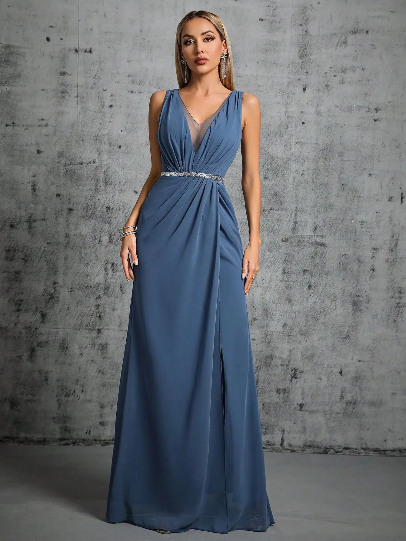 V-Neck Chiffon Gown in steel Blue with Silver Belt