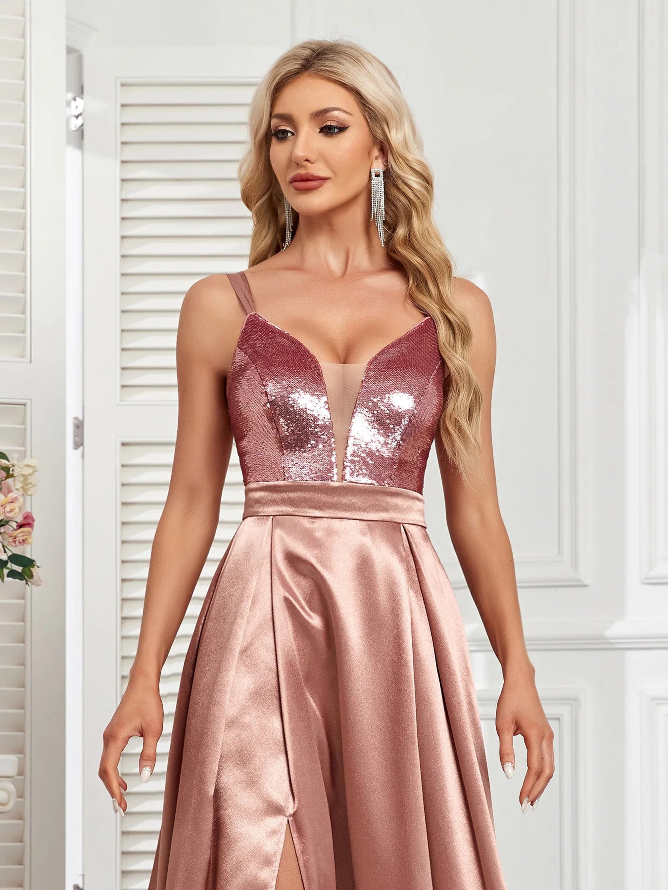 V-Neck Sequin and Satin Ball Dress in Champagne