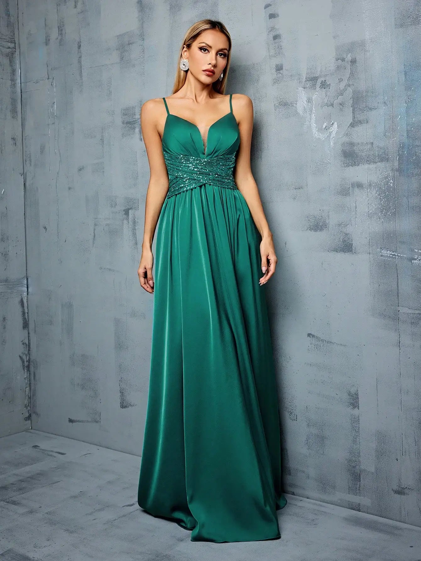 Thin Strap Deep V - Neck Gown In Emerald