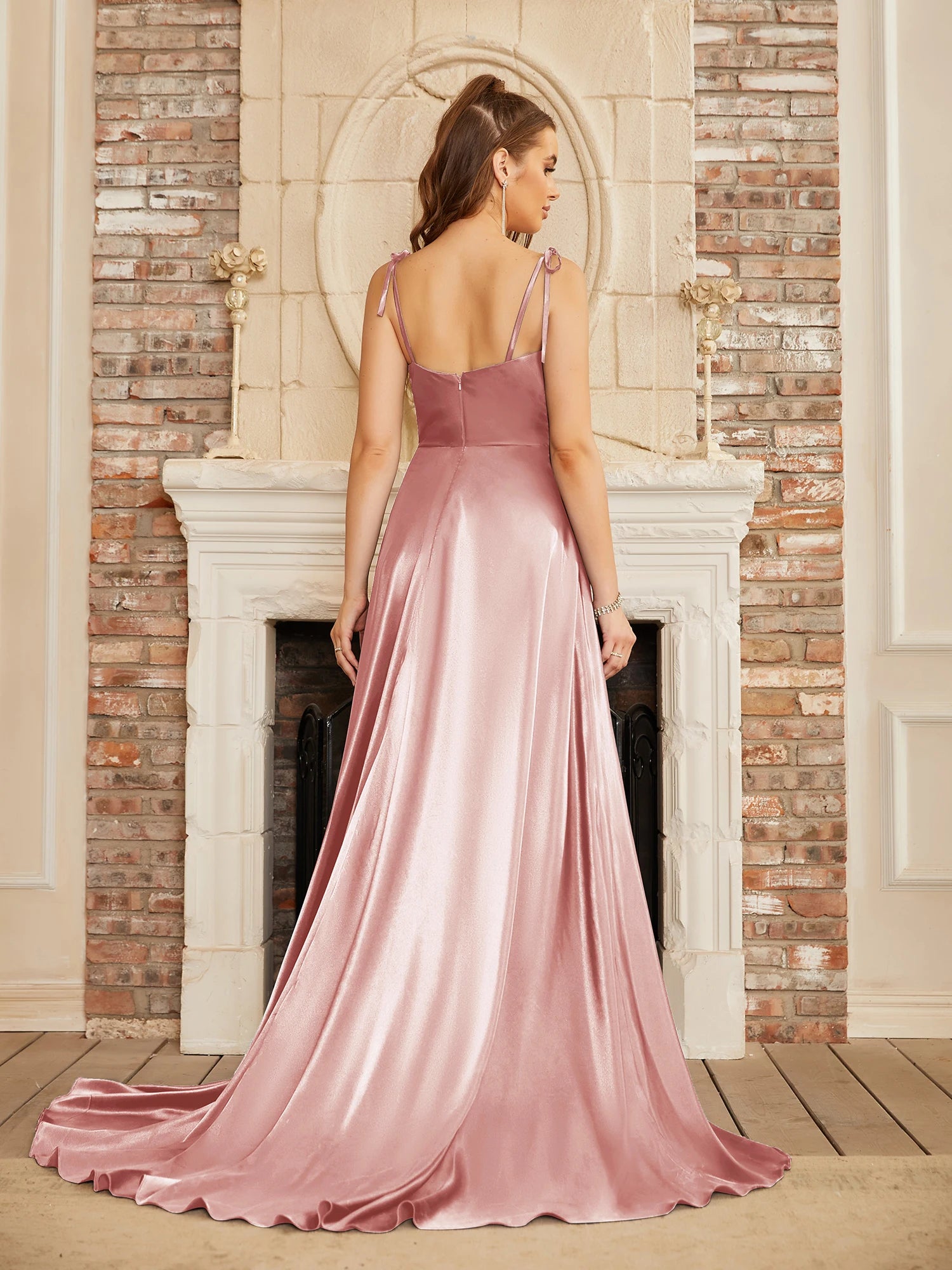 Simple Cowl Neck Satin Gown With Spaghetti Straps in Dusty Pink