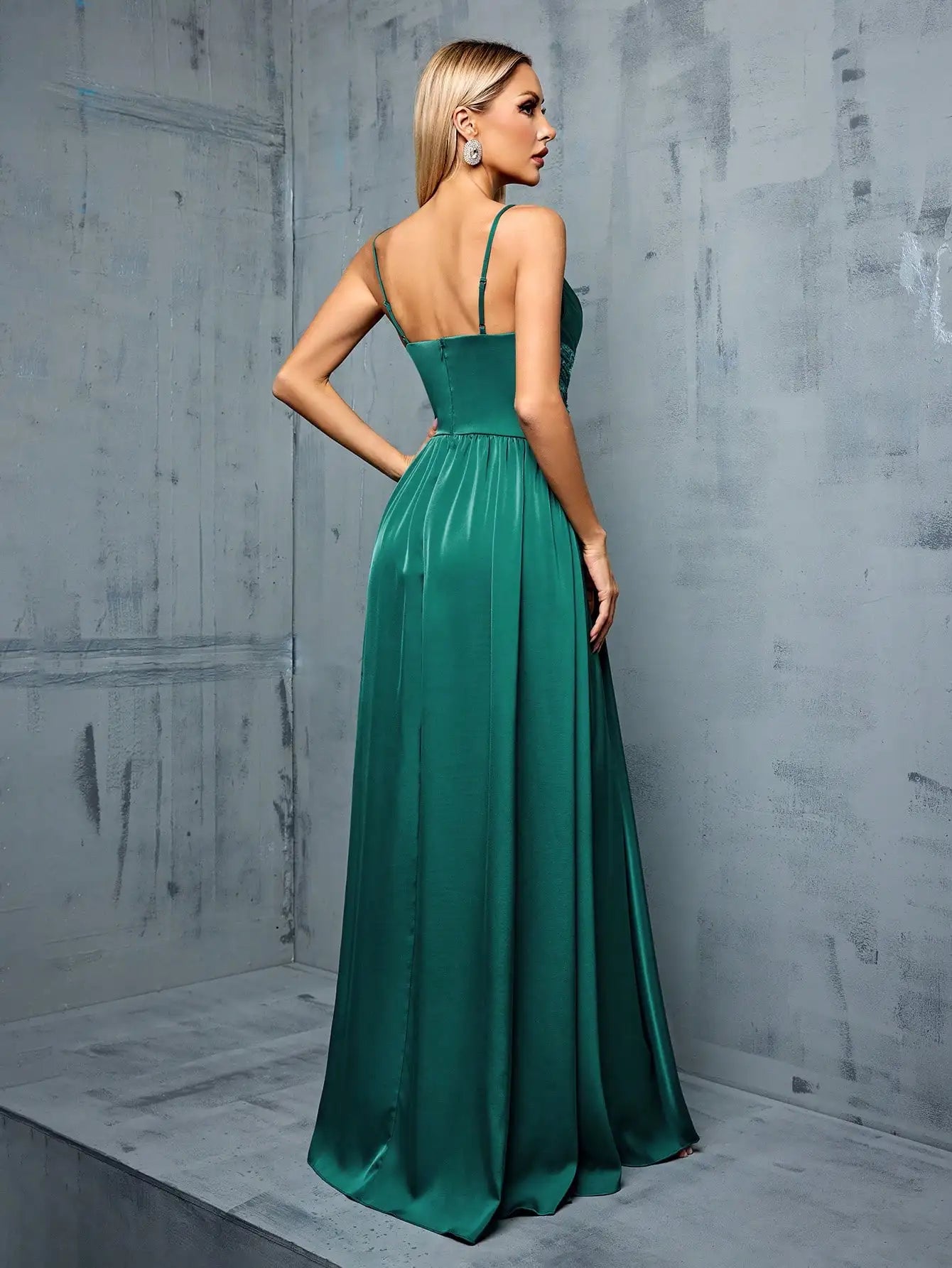 Thin Strap Deep V - Neck Gown In Emerald