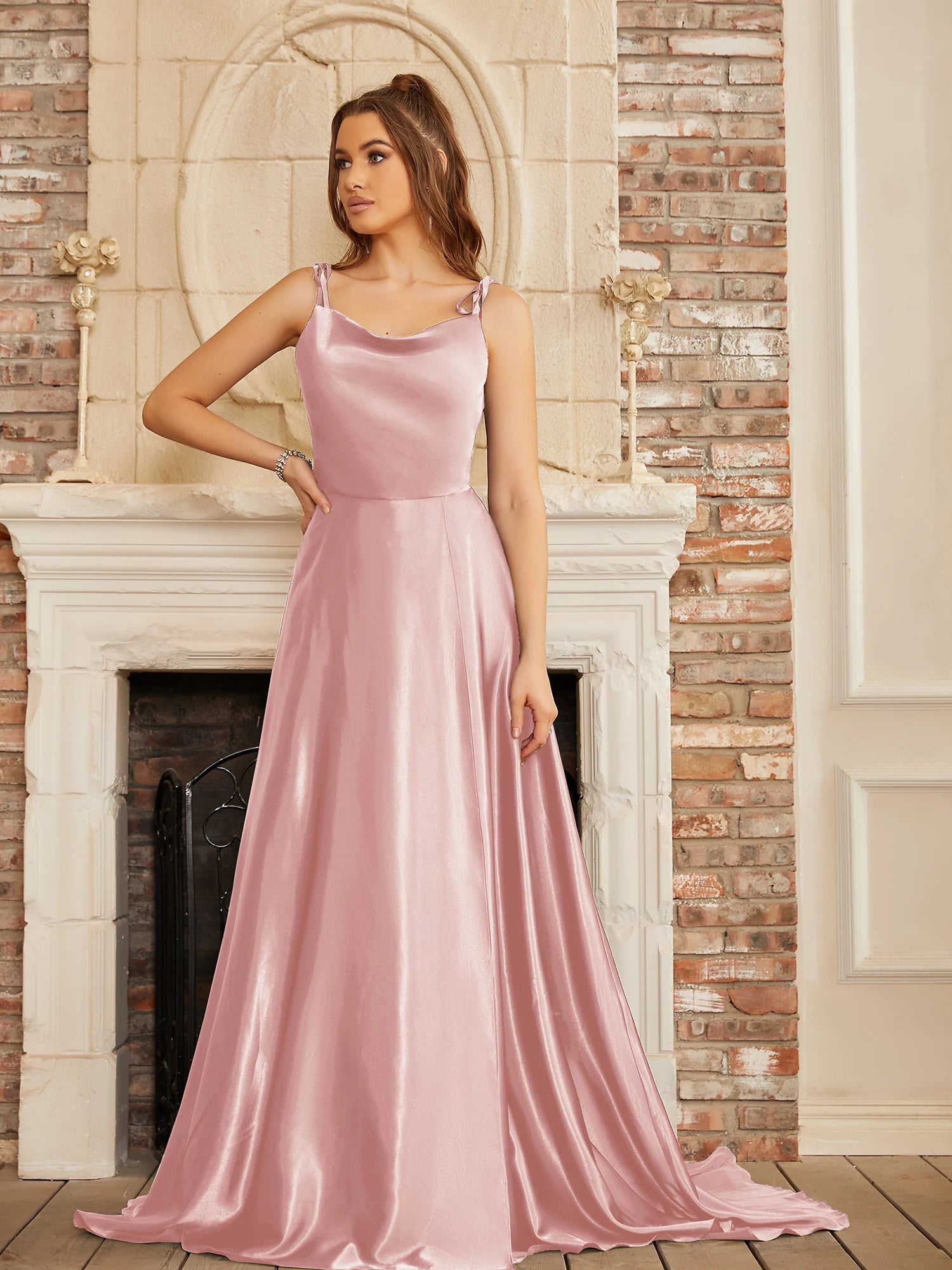 Simple Cowl Neck Satin Gown With Spaghetti Straps in Dusty Pink