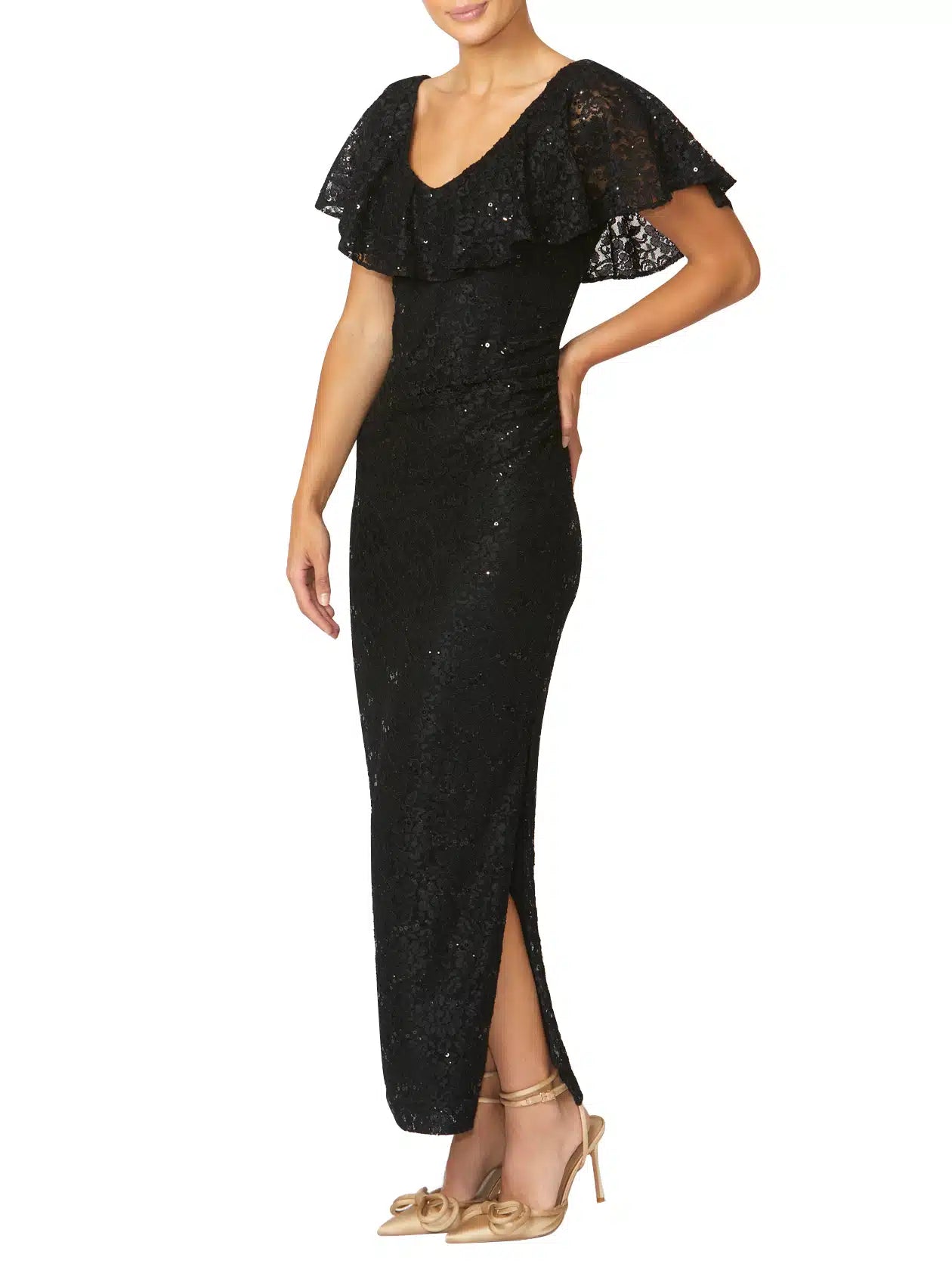 Gown in Black Sequin Stretch Lace