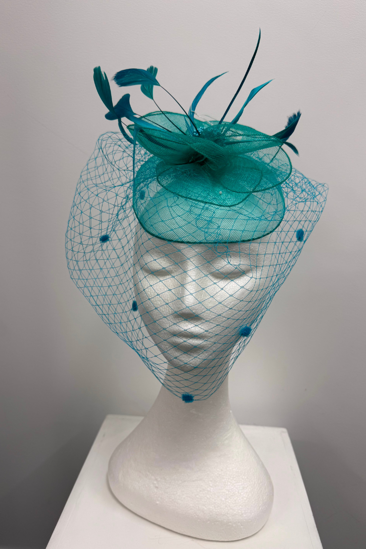 Teal Feather and Veil Fascinator