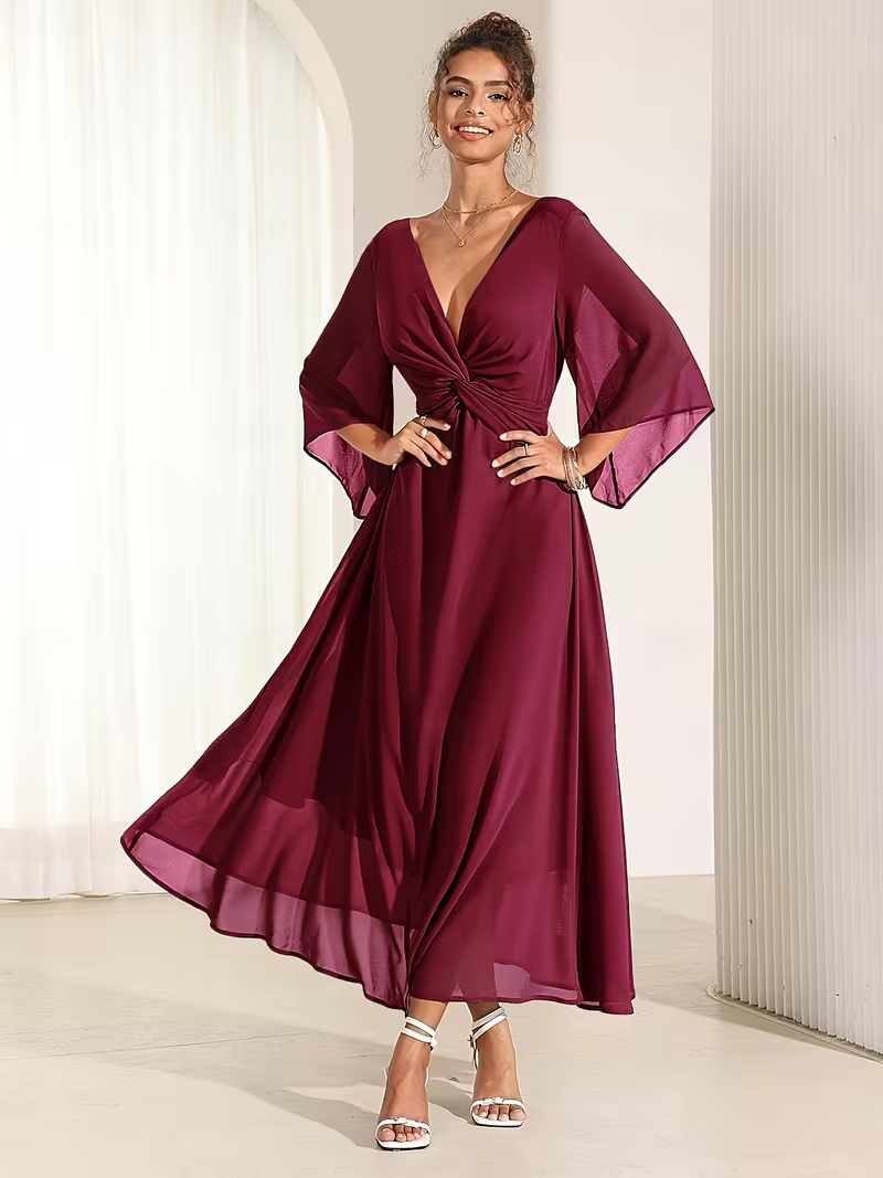 Chiffon Fit & Flare Maxi Dress in Burgundy
