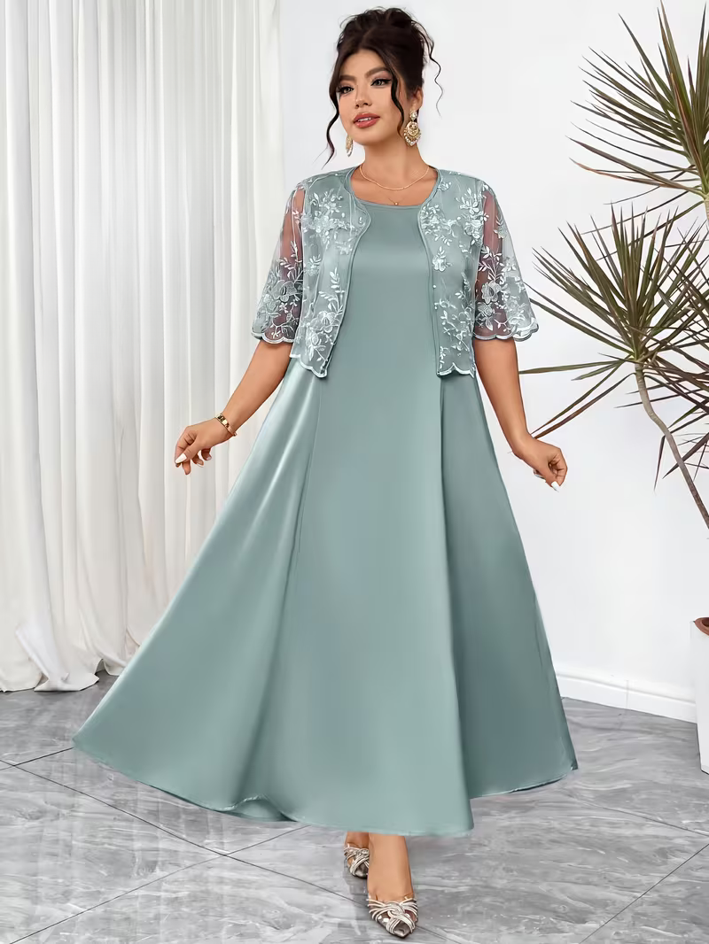 Satin Shift Dress with Matching Embroidered Jacket in Mineral Green
