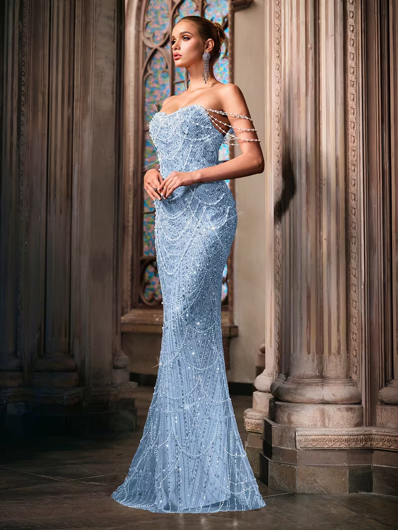 Beaded Bodycon Gown with Mermaid Tail in Powder Blue