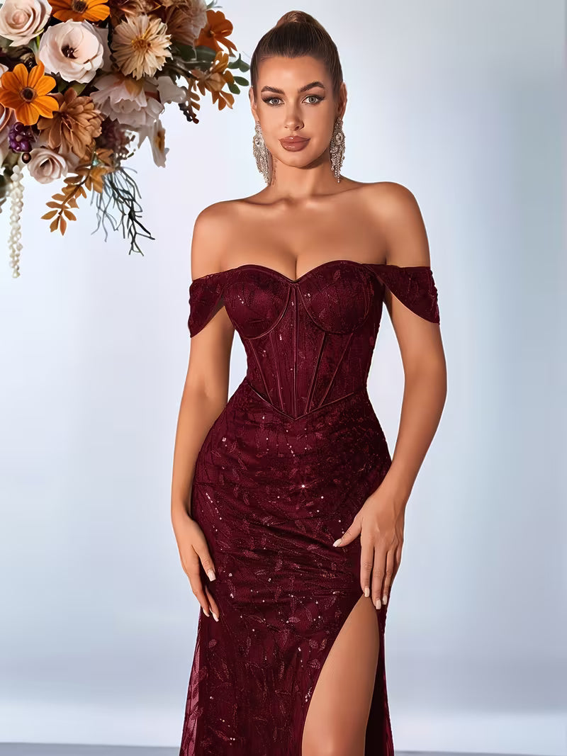 Off The Shoulder Leaf Sequin Dress in Burgundy