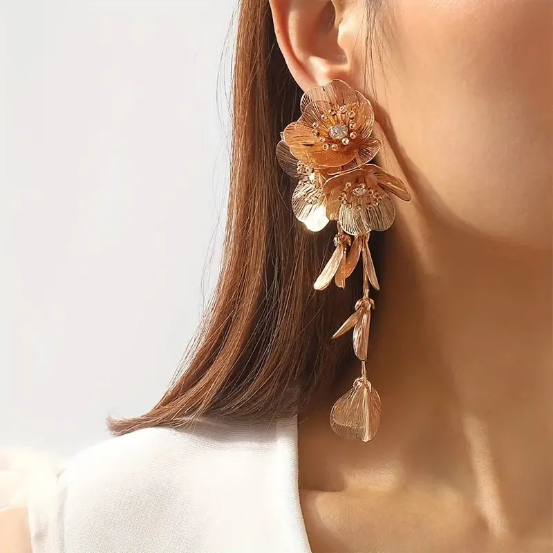 Elegant Flower Statement Earrings in Gold