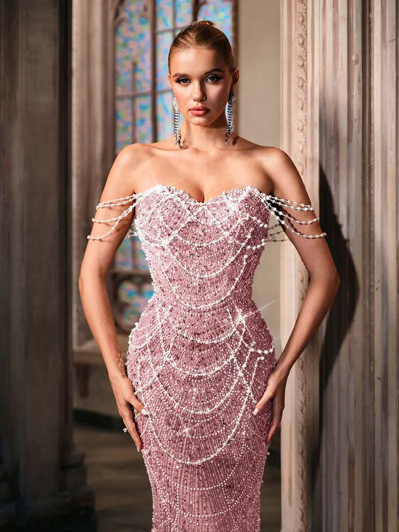 Beaded Bodycon Gown with Mermaid Tail in Dusty Pink