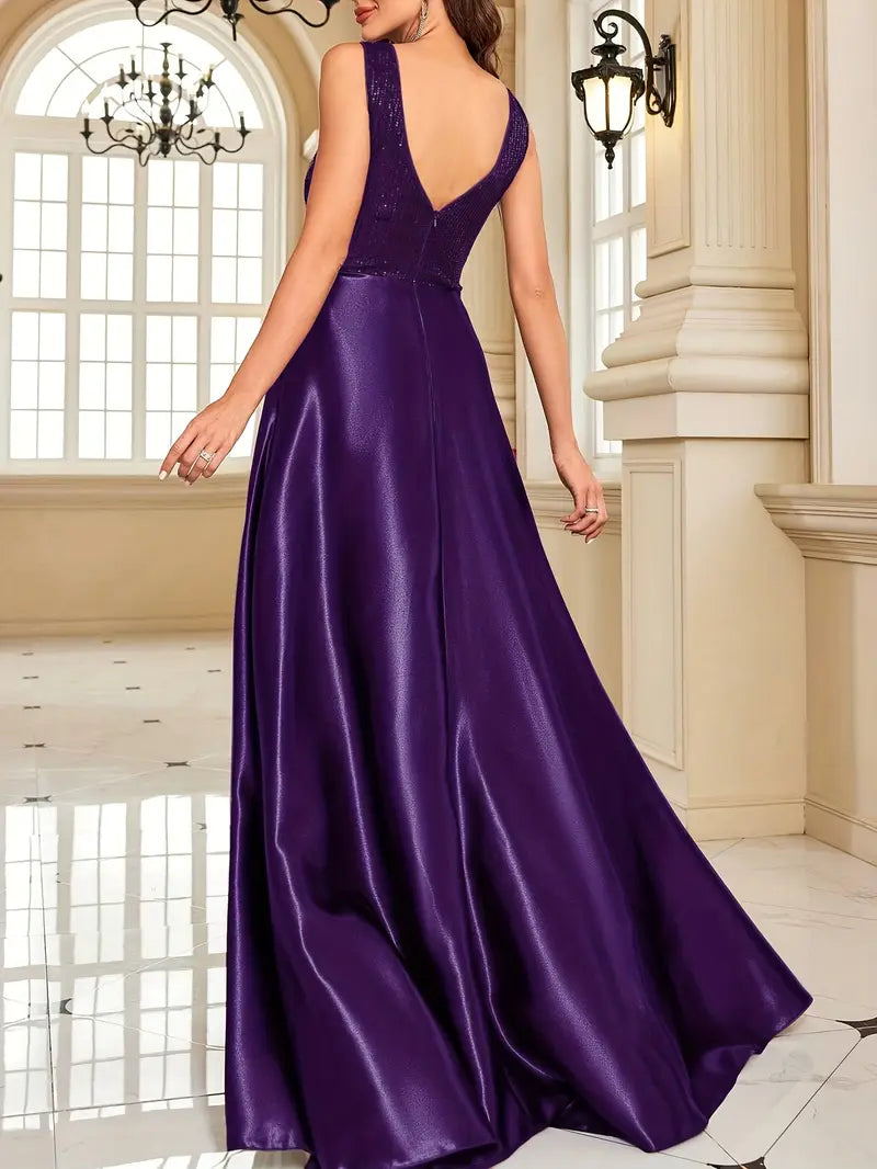 V-Neck Deep Purple Sequin & Satin Gown