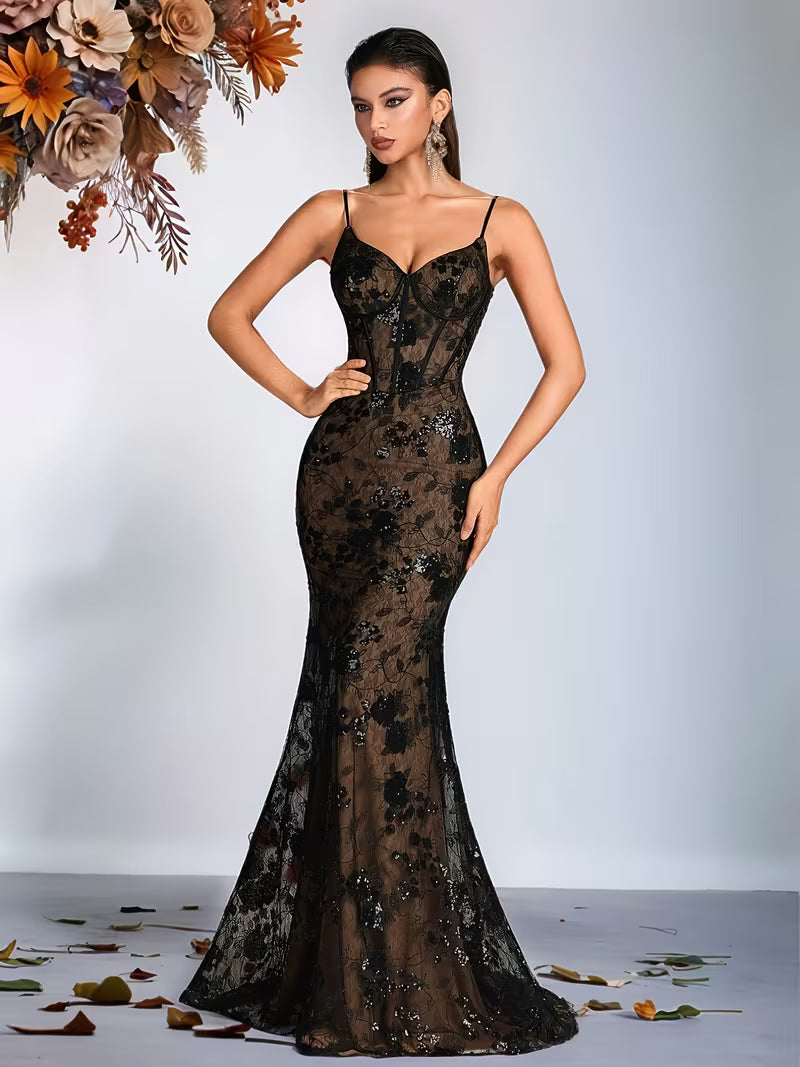 Black and Nude Lace & Sequin print Dress
