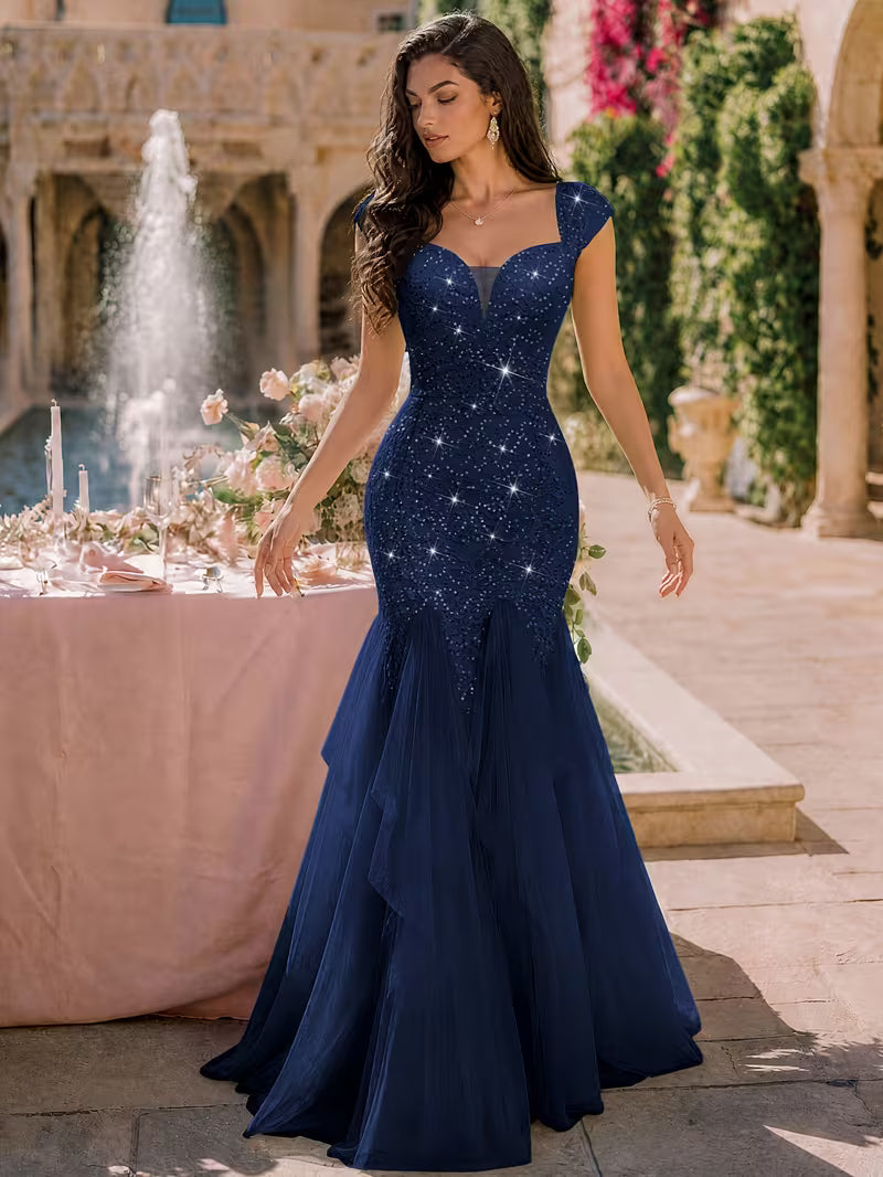 Elegant Sequin Lace Mesh Trimmed Hem Gown in Navy