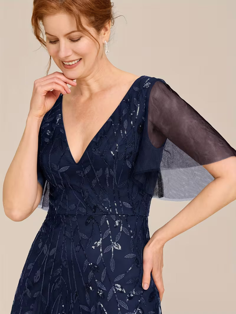 Embroidered Leaf Print Sequin & Chiffon Dress