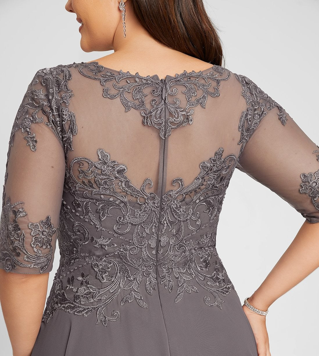 A-line Illusion Boat Neck Asymmetrical Chiffon Lace Mother of the Bride Dress With Sequin Beading