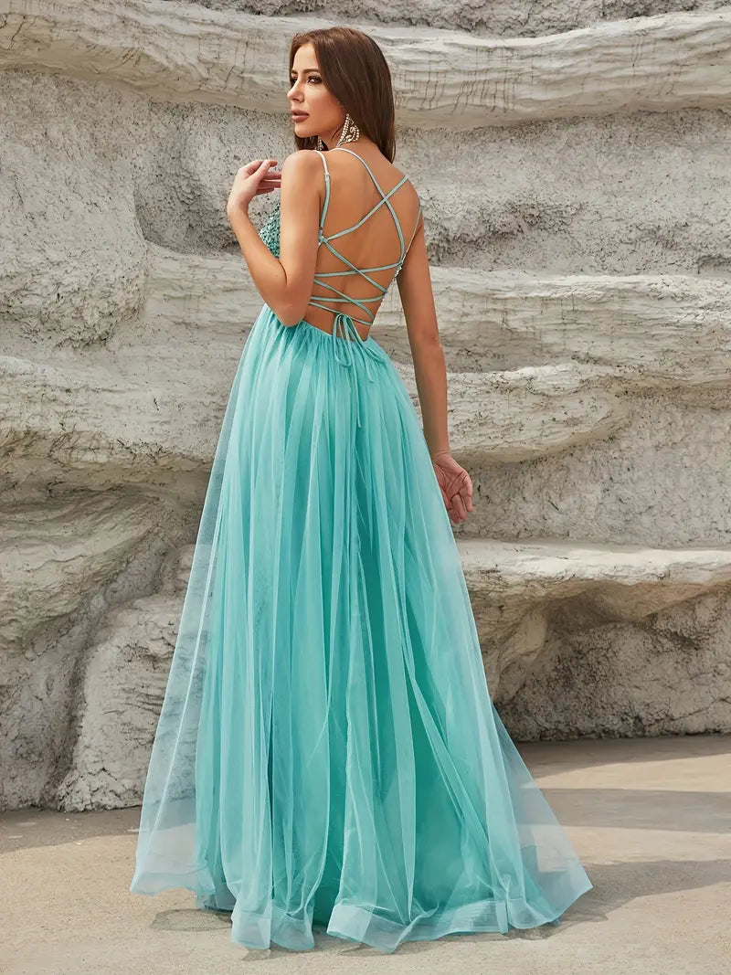 Sequined Crisscross Backless Gown in Teal Green