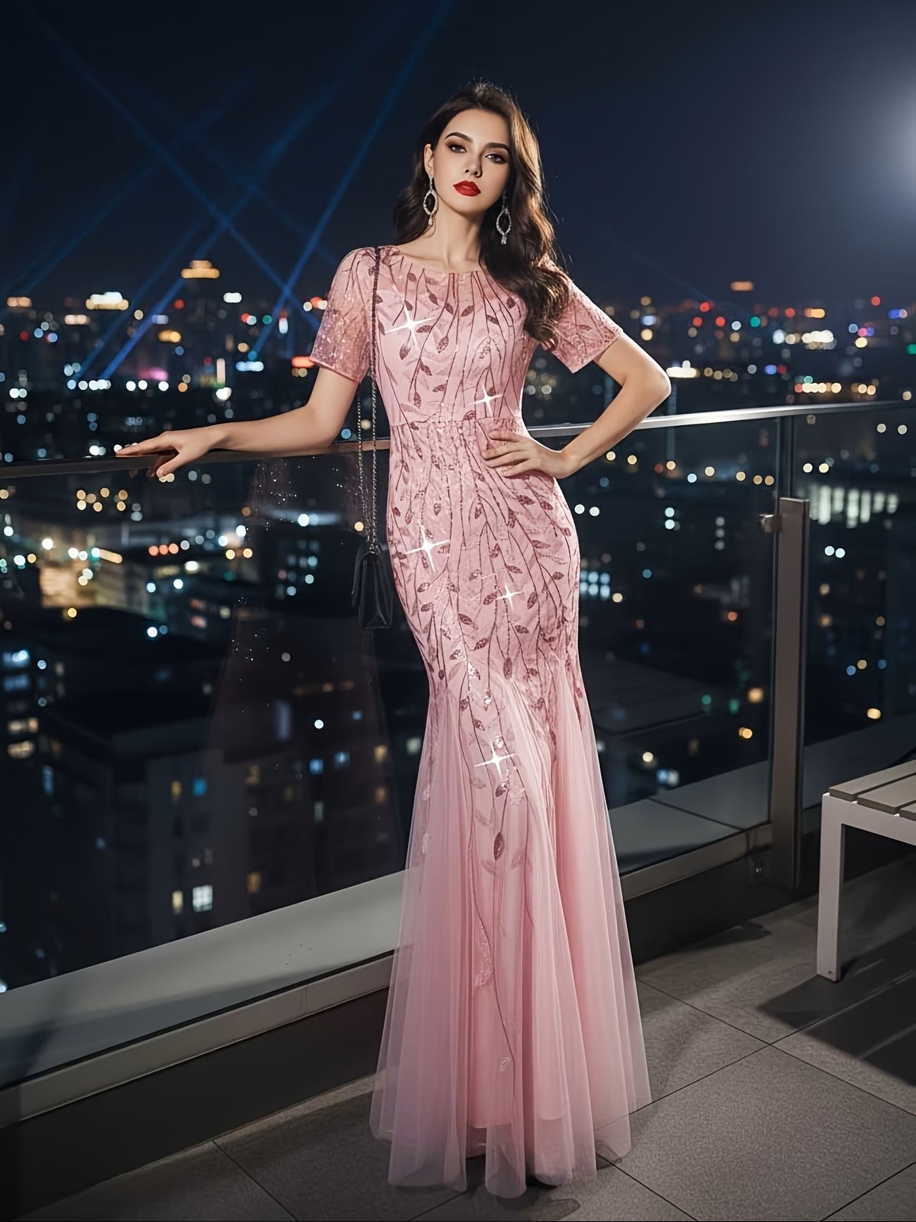 Sequin Mesh Tulle Gown in Soft Pink