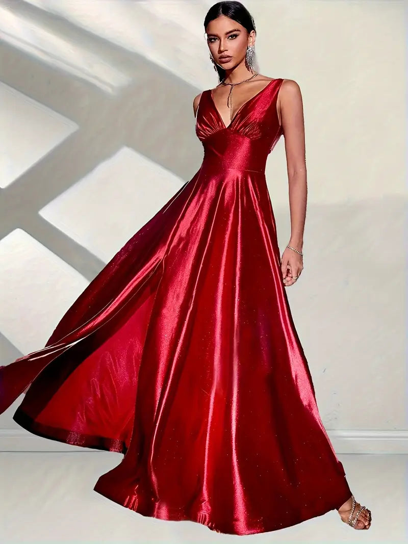 Satin Red with Gold Sparkle Full Skirt Gown