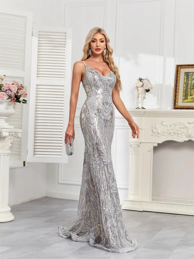 Silver Grey Sequined Mermaid Strap Dress