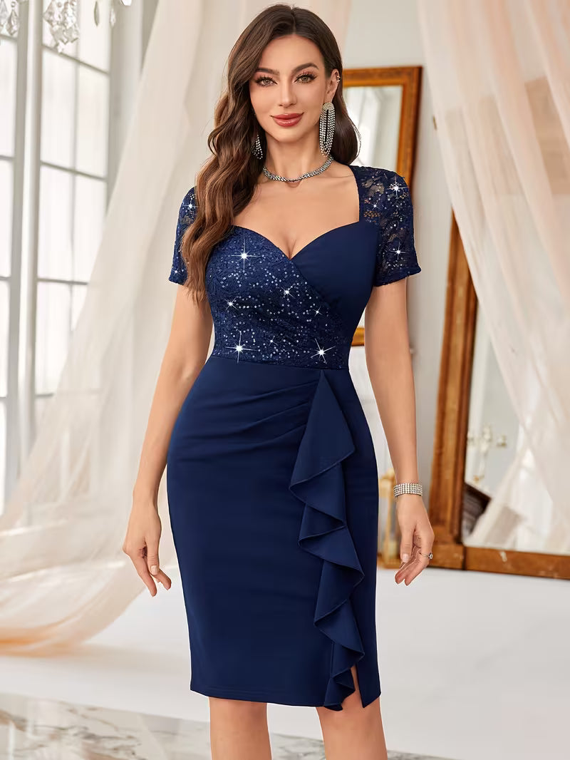 Sequin Lace Short Sleeved Dress in Navy