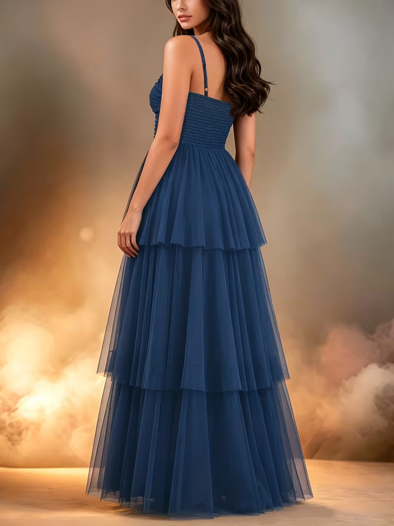 Navy Mesh Three Tier Maxi Dress