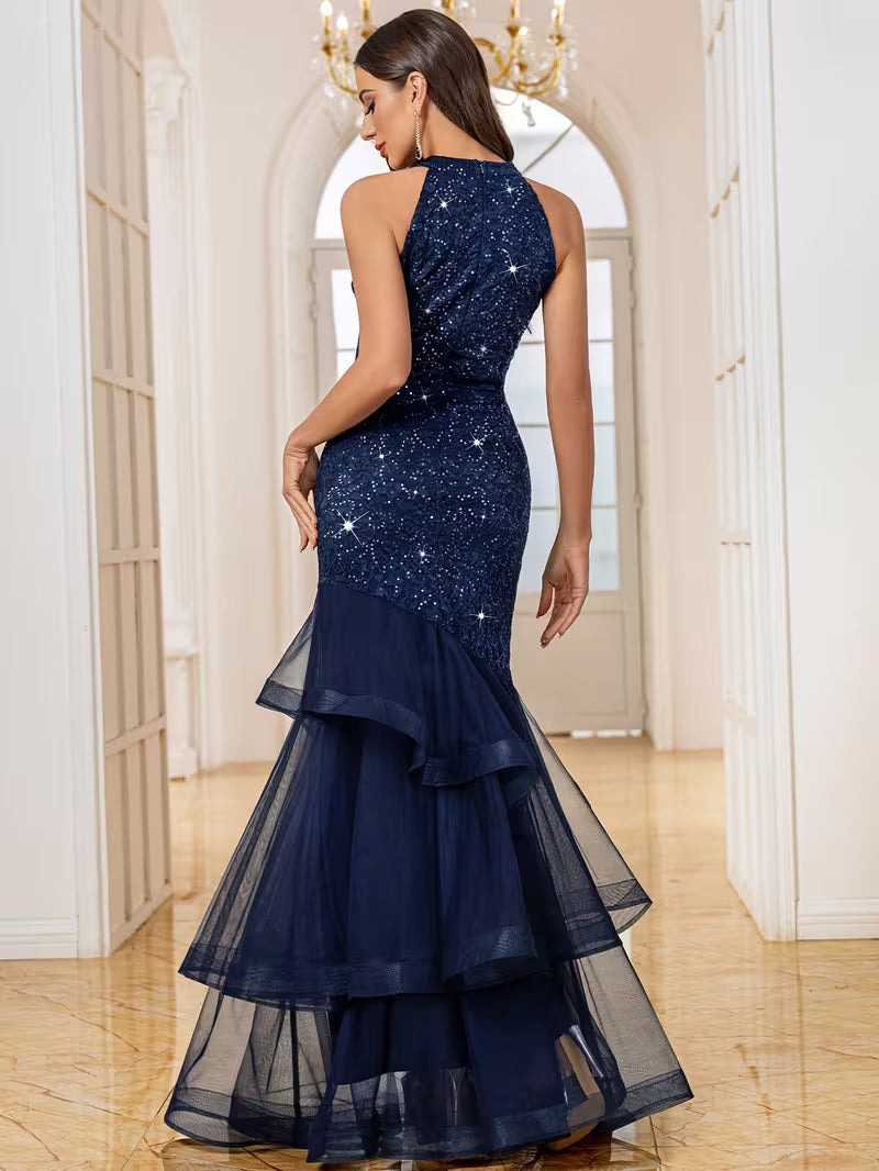 Elegant Halter Neck Sequin Lace Dress