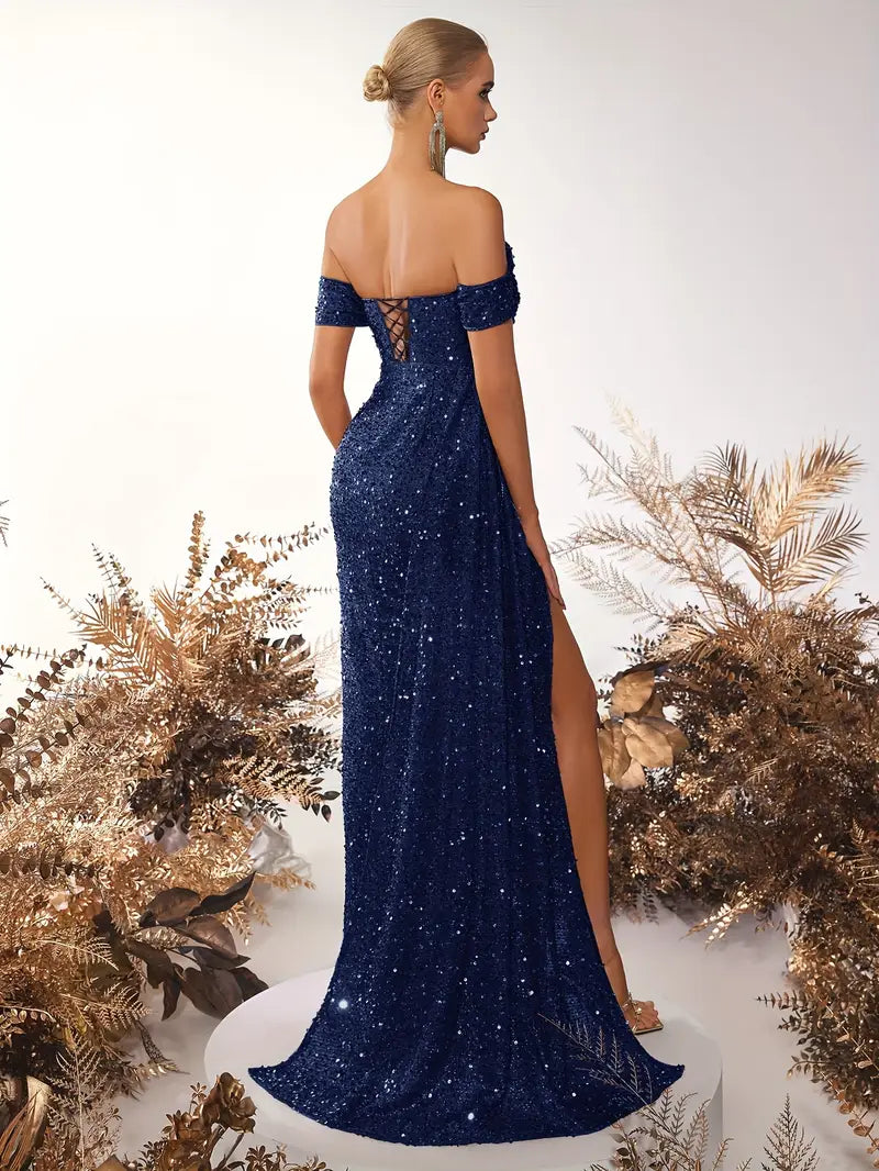 Navy Off The Shoulder Sequin Gown with Cross Back