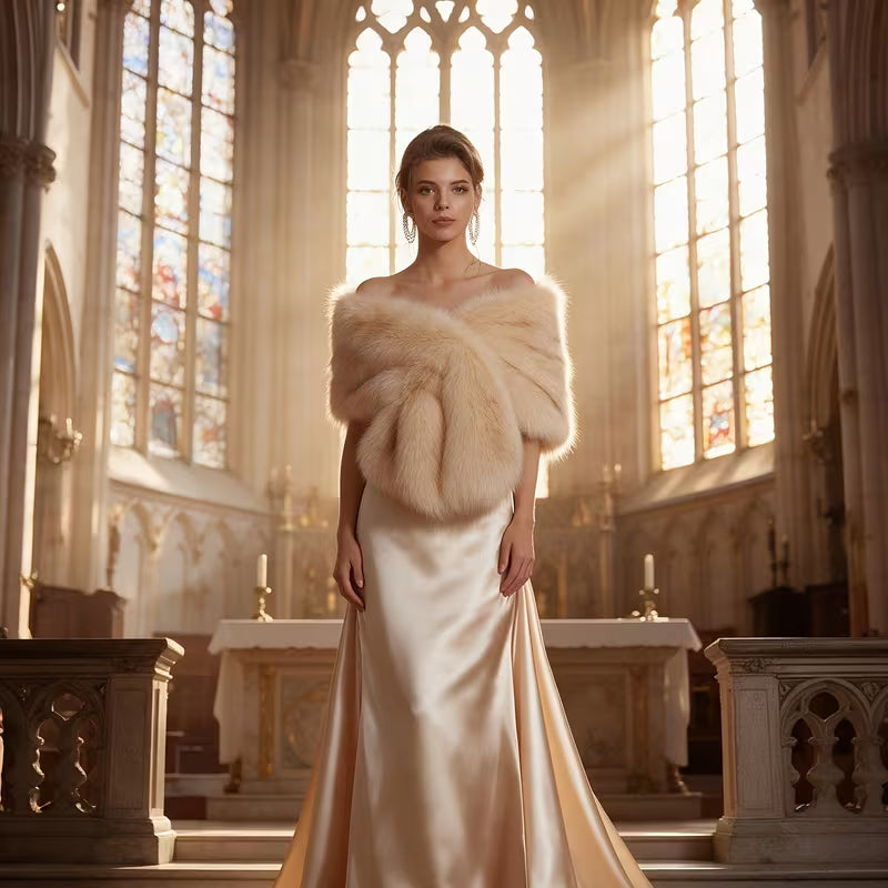 Faux Fur Cape Shawl in Champagne