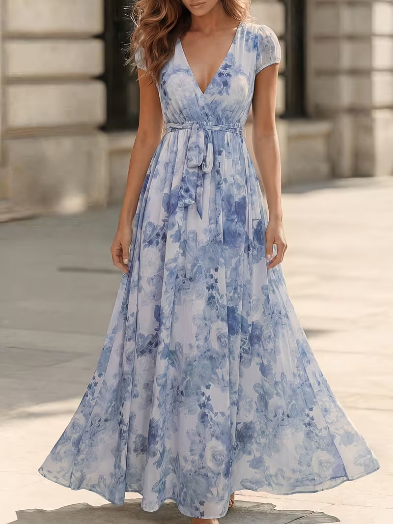 Floral Chiffon Maxi Dress in Bright Steel Blue