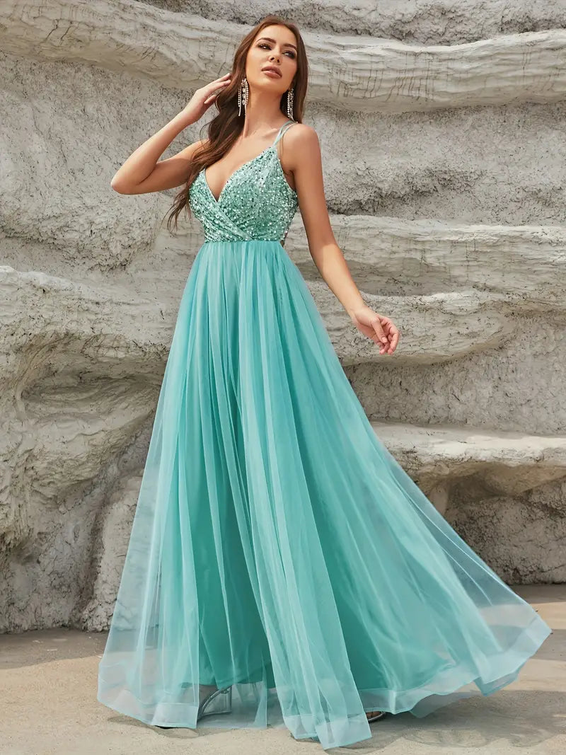 Sequined Crisscross Backless Gown in Teal Green