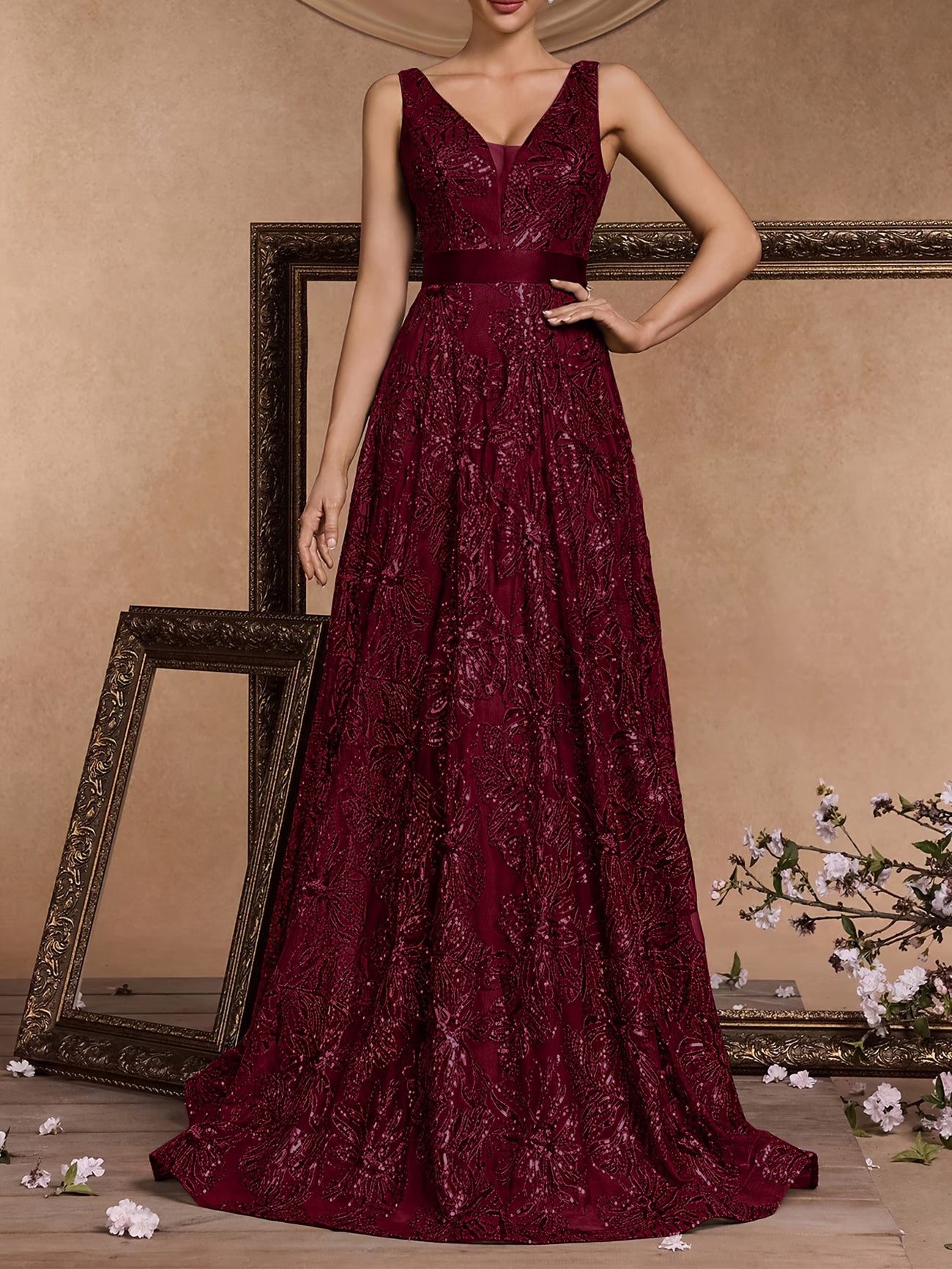 Tulle and Sequin Gown in Claret