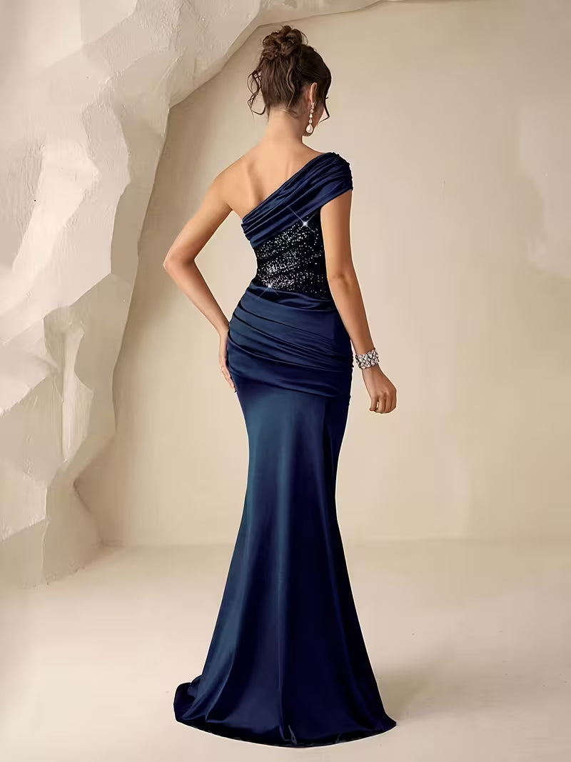 One-Shoulder Sequin Satin Fishtail Gown