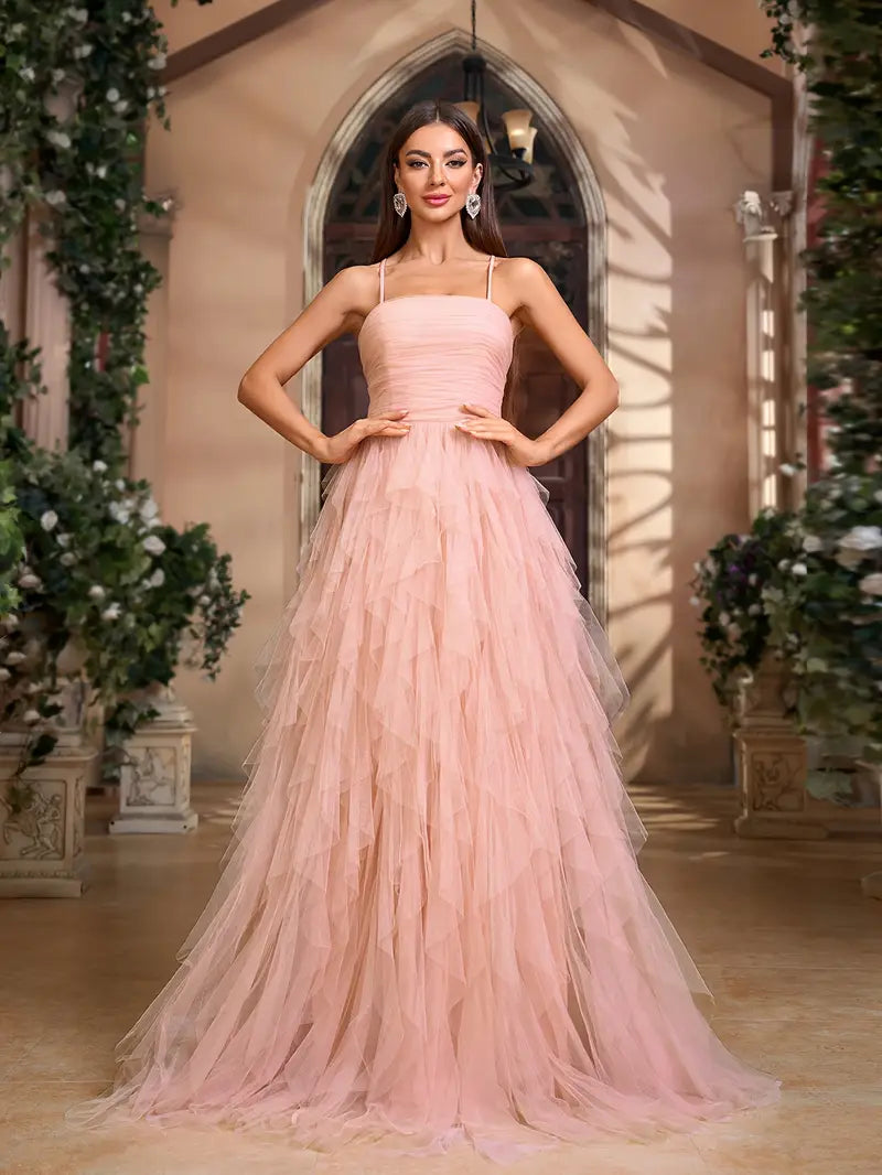 Strapless Off The Shoulder Tulle Gown in Soft Pink