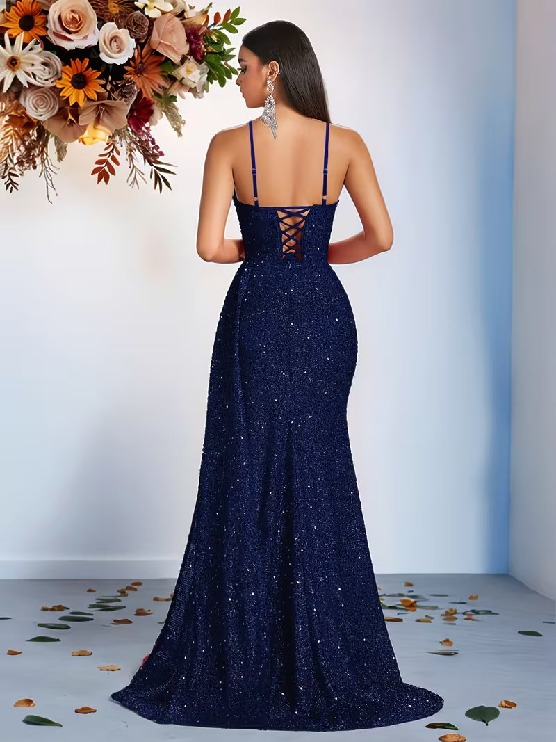 Sequin Navy High-Waisted Dress