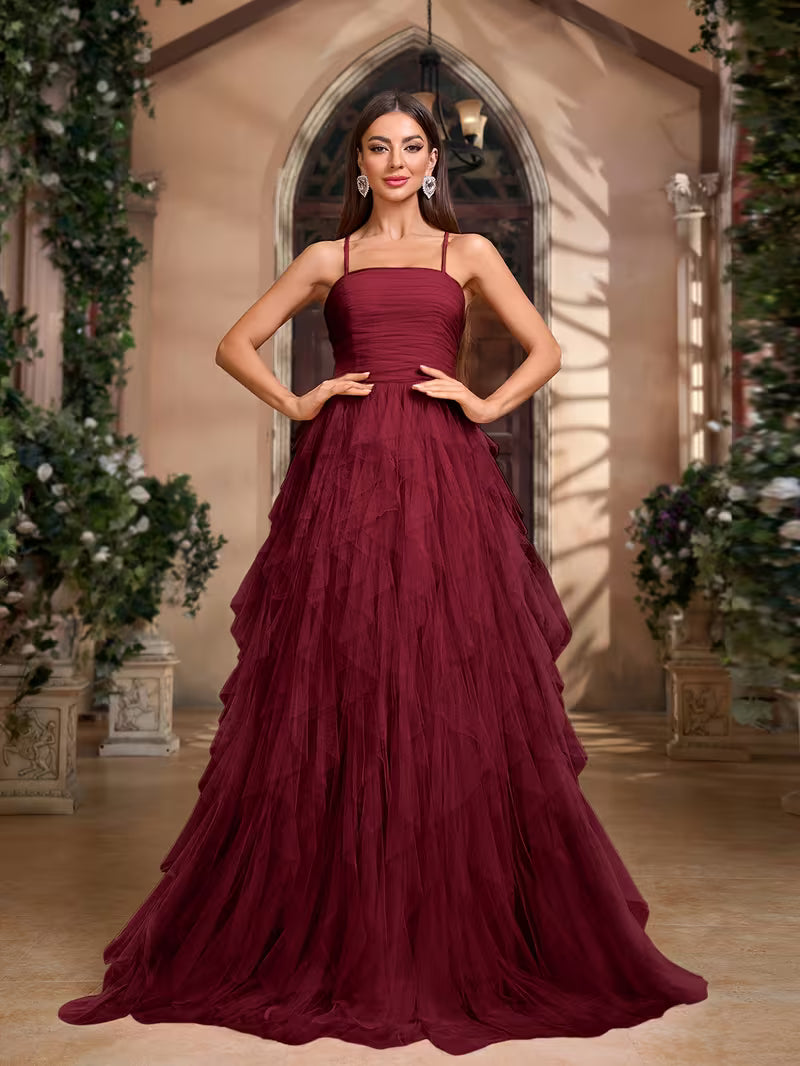 Ruffled Tulle Dress in Crimson