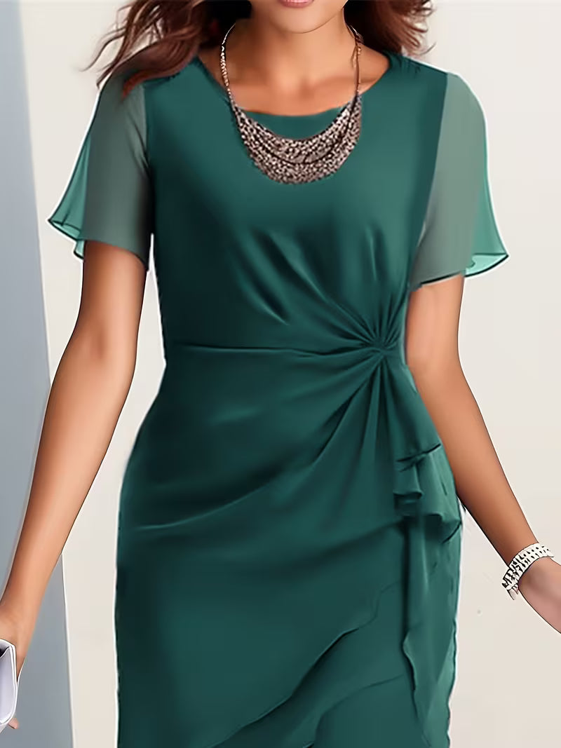 Chiffon Midi Length Dress in Forest Green