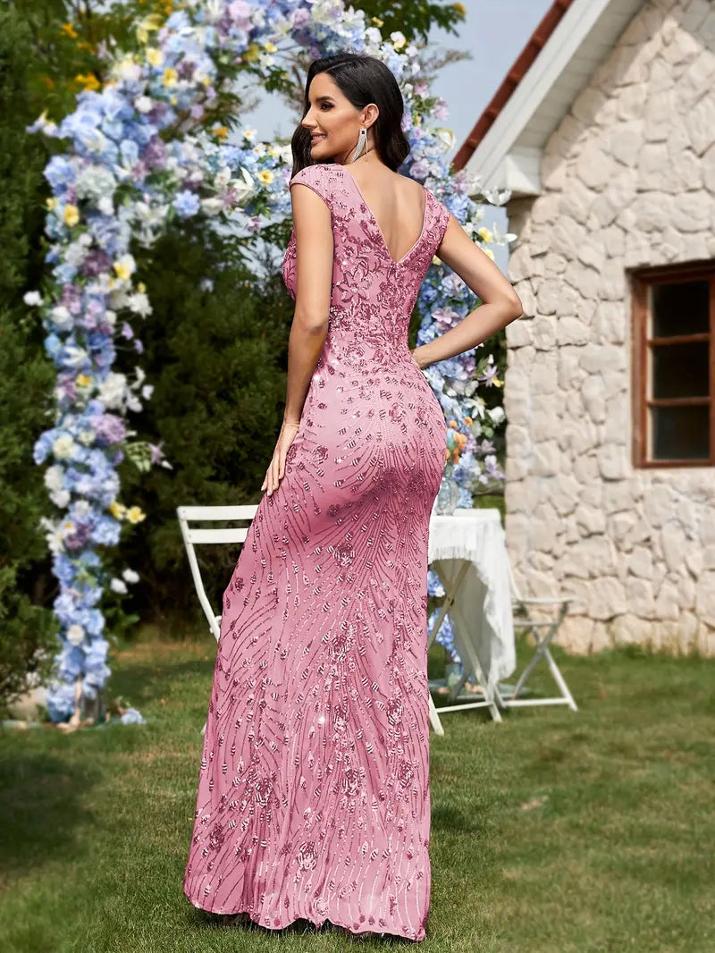 Sleeveless V-Neck Sequin Gown in Pink