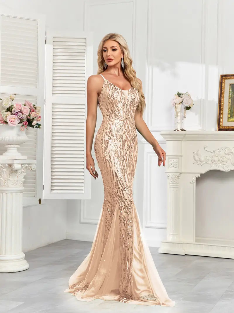 Stunning Sequin Mesh Gown in Champagne