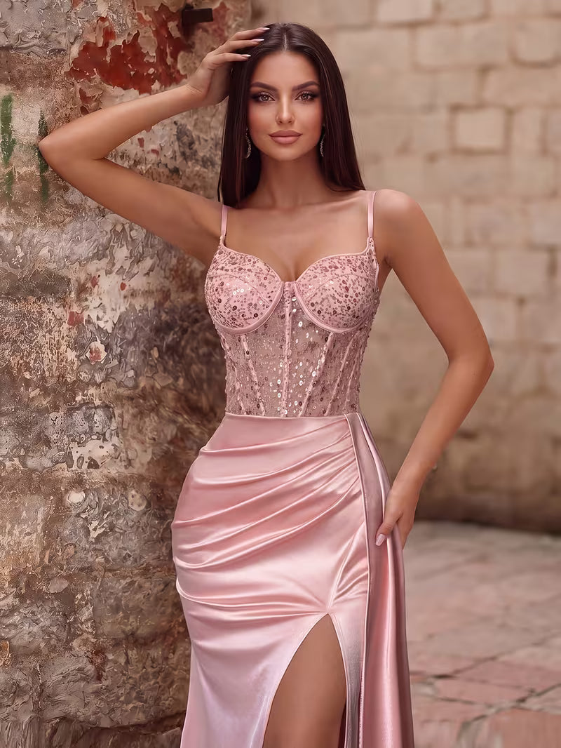 Sequin Sheer High Waisted Dress in Pink