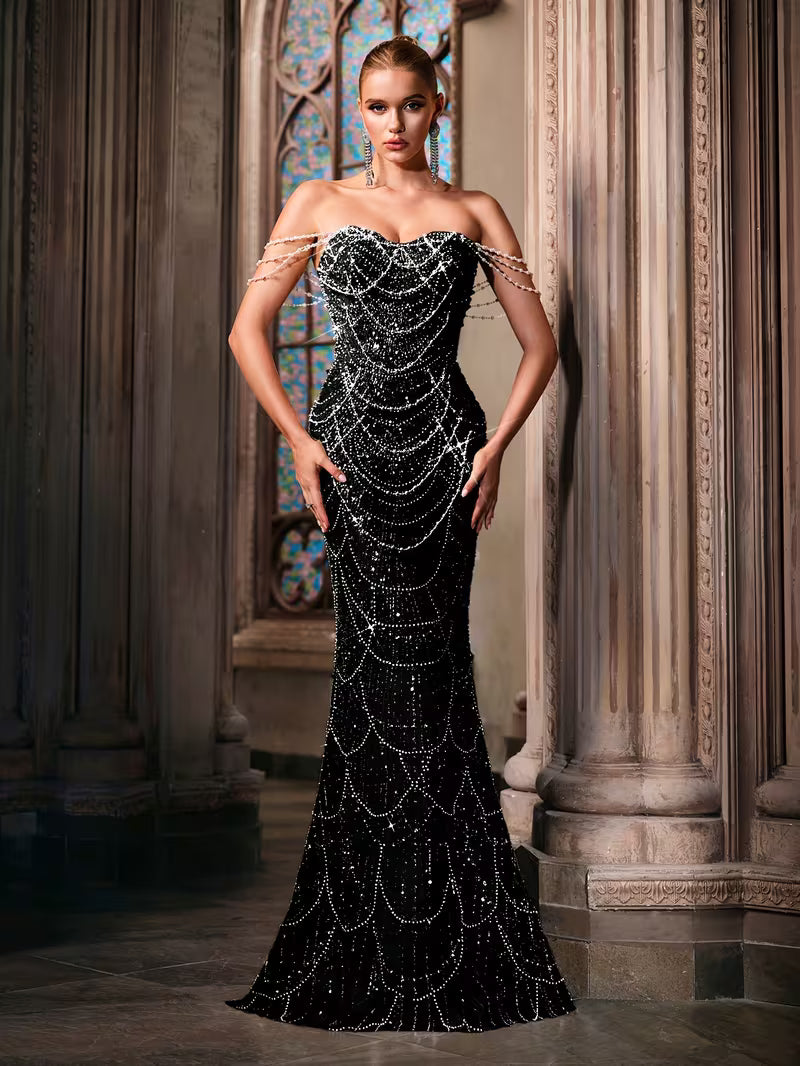 Beaded Bodycon Gown with Mermaid Tail in Black Sequin