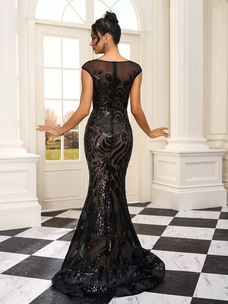 Elegant Black Embossed Print Sequin Fishtail Gown