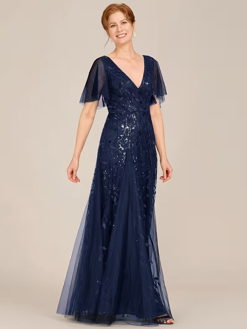 Embroidered Leaf Print Sequin & Chiffon Dress